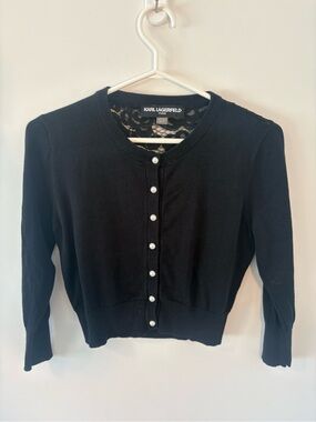 Karl Lagerfeld Paris Black Pearl Button Lace Back Cardigan XS